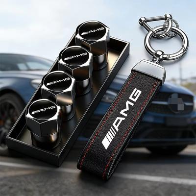 Auto Reifen Felgen Ventilkappen Abdeckung Zinklegierung Leder Auto Schlüsselanhänger Ring Schlüsselanhänger Für Mercedes Benz AMG W203 W206 W220 W205W211W212