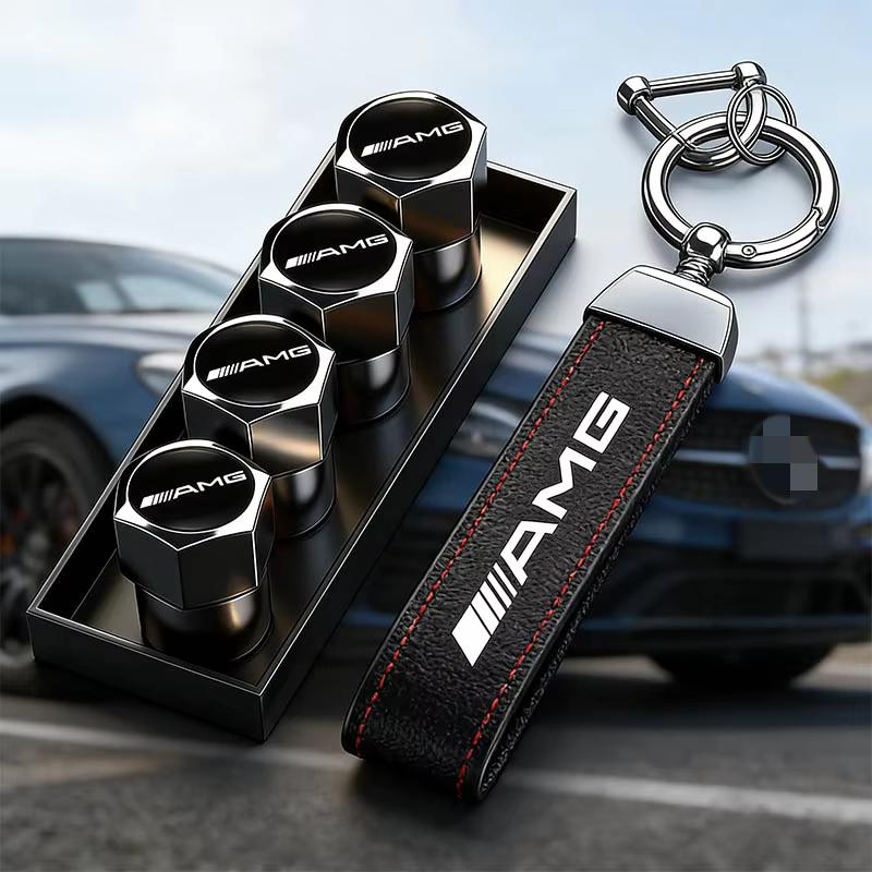 Auto Reifen Felgen Ventilkappen Abdeckung Zinklegierung Leder Auto Schlüsselanhänger Ring Schlüsselanhänger Für Mercedes Benz AMG W203 W206 W220 W205W211W212