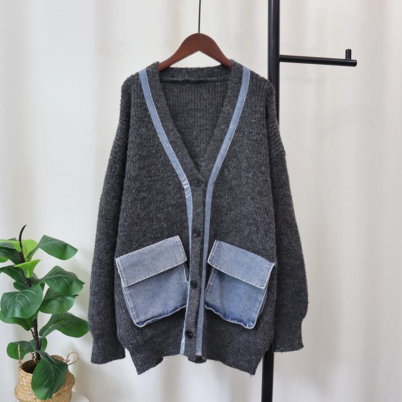 

Вязаный кардиган с джинсовым карманом, новый осенне-зимний, свободный, в стиле ленивого ветра, куртка-свитер для женщин one size fits all серый
