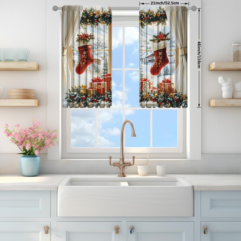 2pcs Christmas Snow Scene Printed Curtain for Christmas Home Decor - Rod Pocket Window Treatment for Bedroom,Office,Kitchen