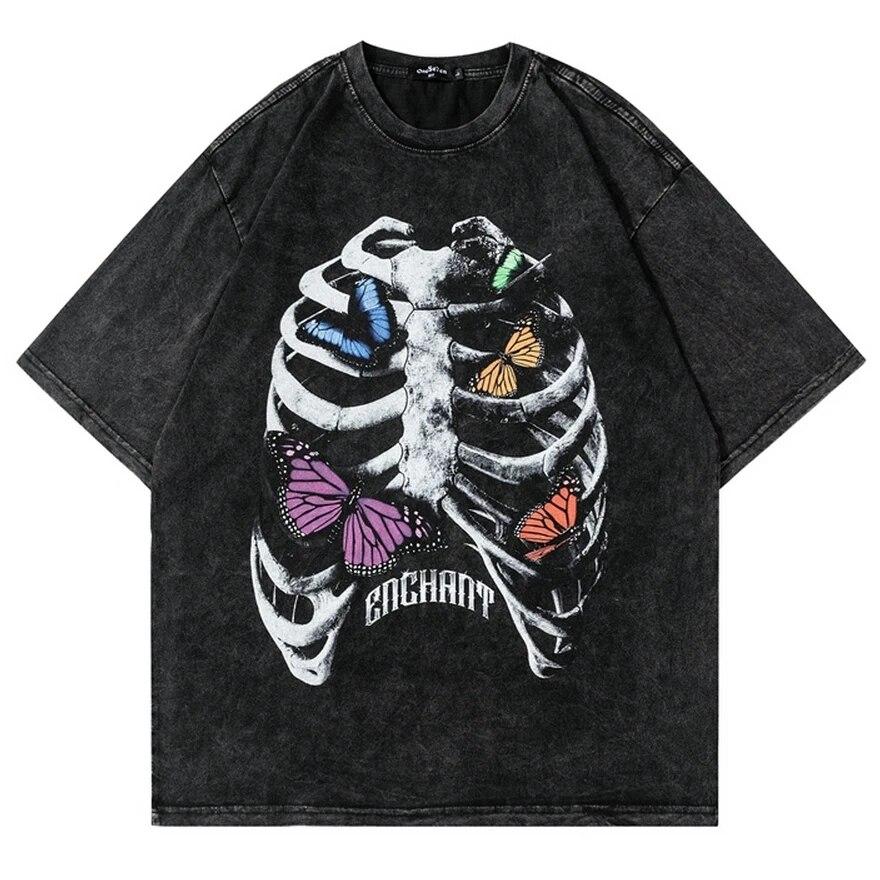 

Harajuku мужские винтажные футболки с черепом, бабочкой, скелетом и графическим принтом, топ в стиле хип-хоп, футболки большого размера в стиле панк, готики