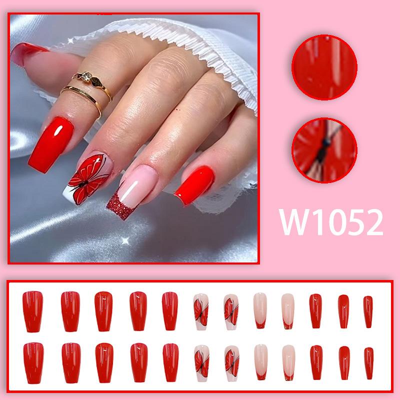 

24 шт. красные балетные ногти с блестками французская бабочка однотонный нейл-арт элемент темперамент ниша элегантный износ ногтей