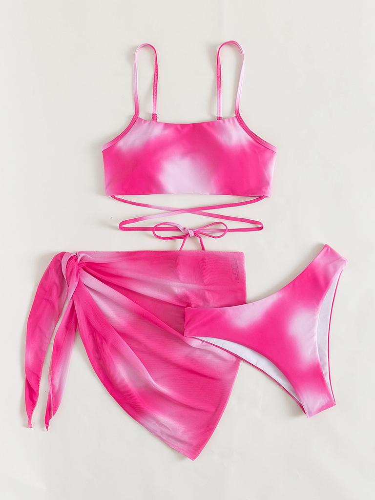 European and Americcan Women's Bikini Set 3 Pieces Tie Dye Swimwear Set Padded Bandage Top High Cut Brief Lace Up Cover-up Swimsuit Sexy Bathing Suit