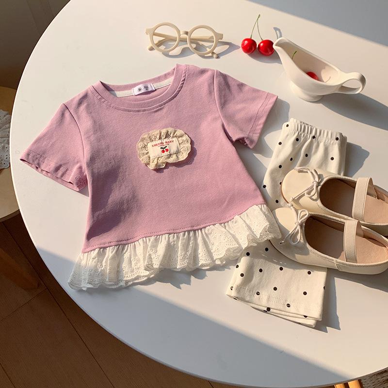 

Girls Casual Cotton Short-sleeved T-shirt For Summer, Children s Princess Style, Cherry Color T-shirt 90cm