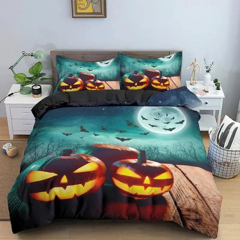 Frohes Halloween King Queen Bettbezug Orange Kürbis Bettwäscheset Kinder Jugendliche Erwachsene Fledermäuse Horror Festival Polyester Steppdeckenbezug