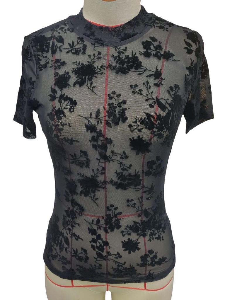 Women's Elegant Mesh Stand-Up Collar Flocking Print Short-Sleeve Top (2025)