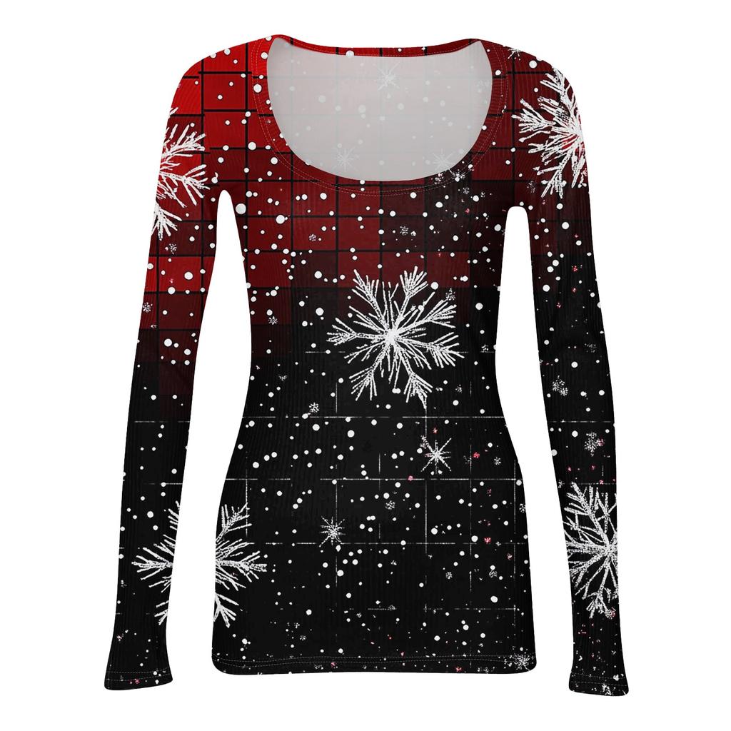 Women's Fashion Slim Bottom Casual Long Sleeve Christmas Printed Pullover U Neck Top