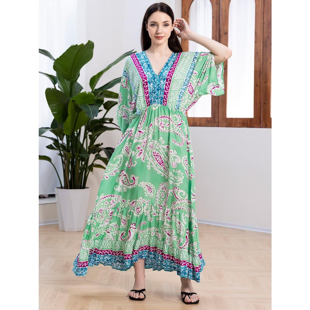 Plus Size Boho Kaftan Dress, Women's Plus Maxi Cover Up Dress
