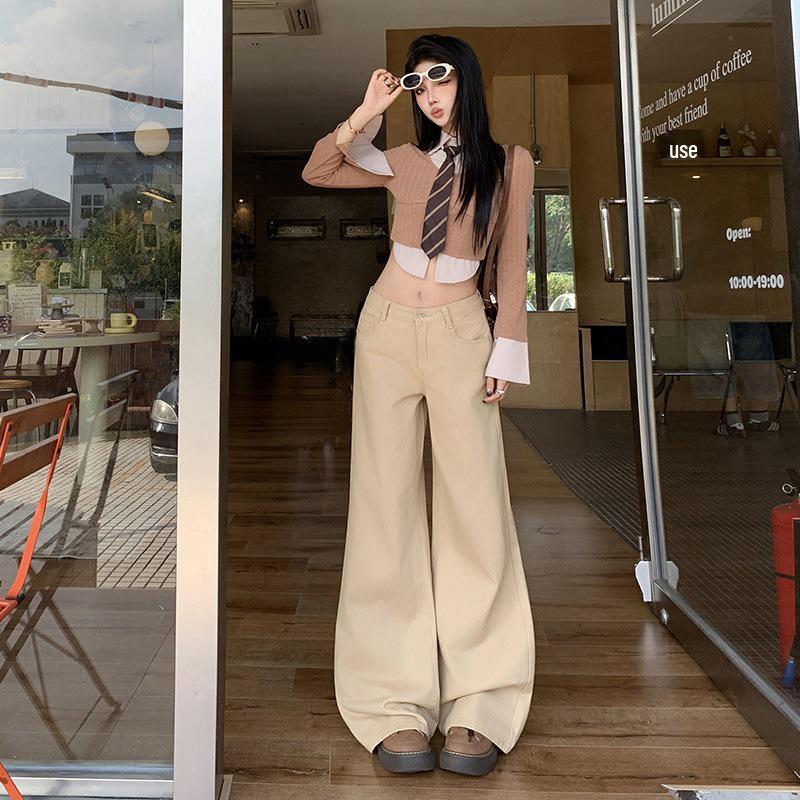 Women's Khaki Wide-Leg High-Waisted Slimming Floor-Length Jeans - 2025 Autumn/Winter Collection
