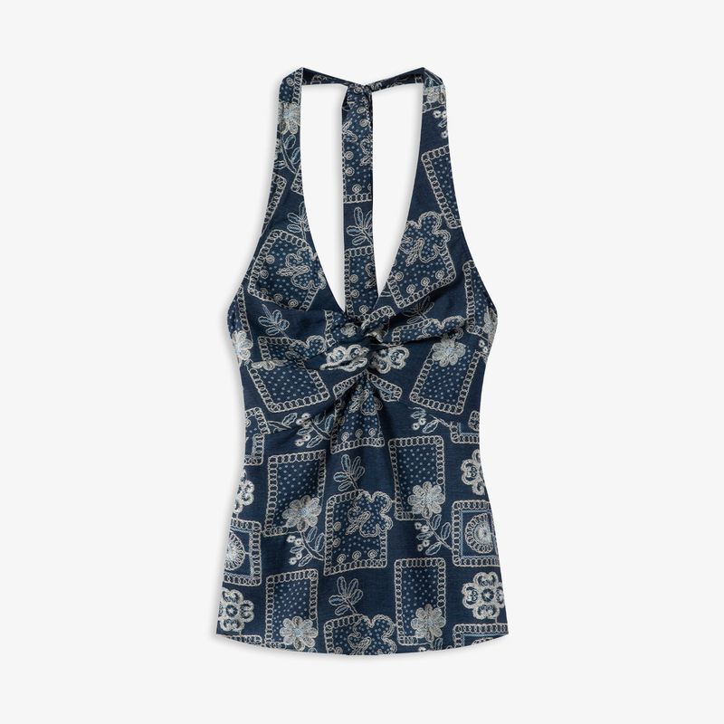 

Aozhi Country Retro Blue Ethnic Print Kinked V-neck Halter Lace up Slim Fit Tops Women s Sexy Open Back Small Shirt N Blue M(Weight 100-110)