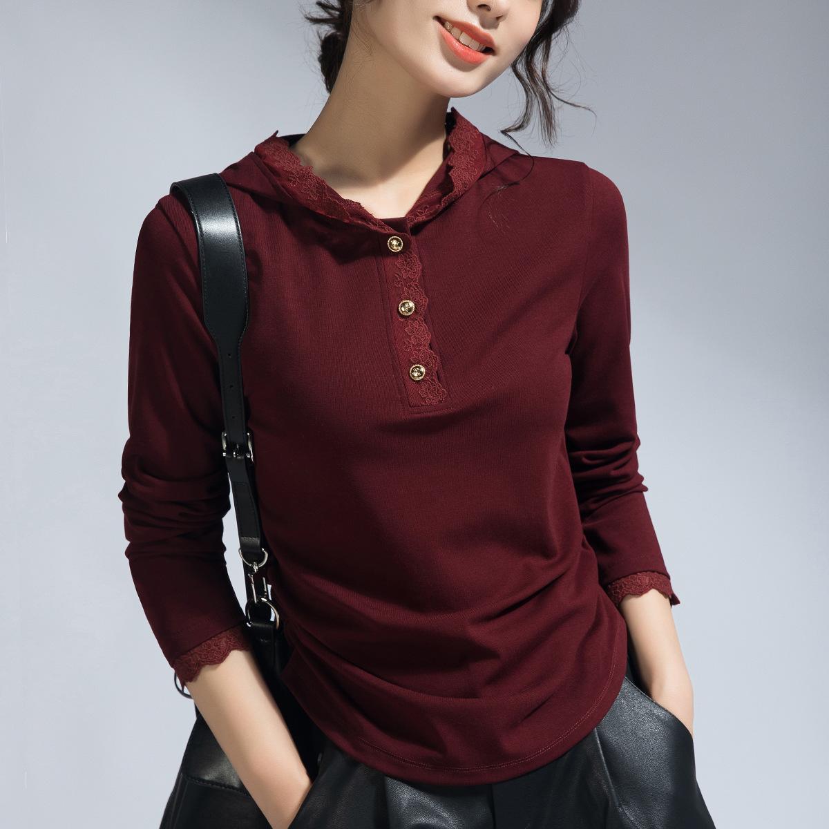 

Summer and Autumn Long Sleeve Casual Design Niche Black Temperament Lace Edge Hooded Women s Top M