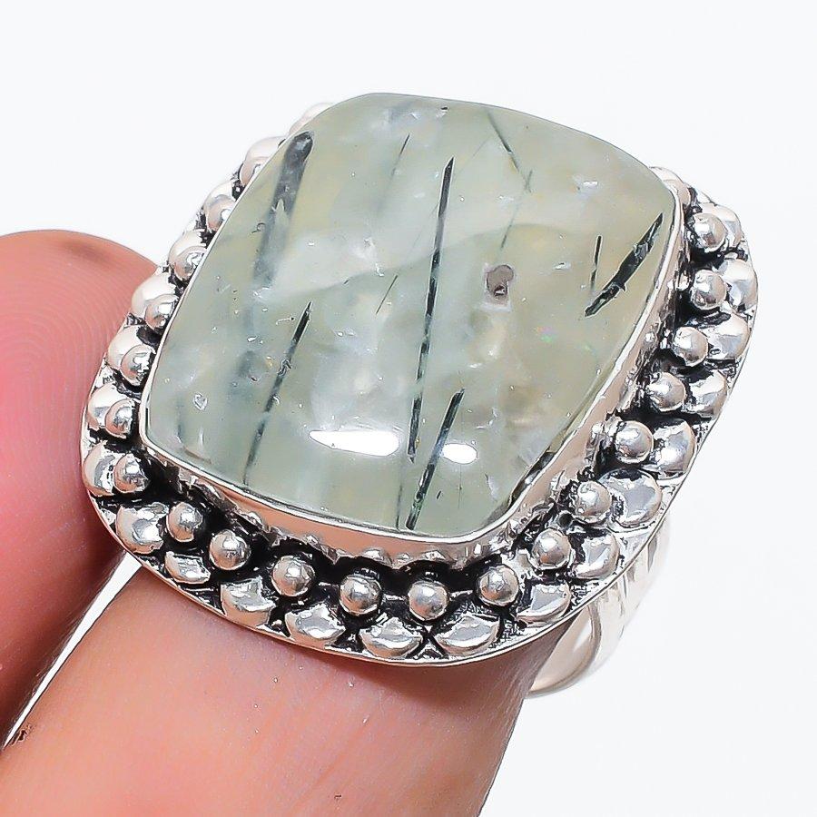 Natural Prehnite Gemstone Handmade 925 Sterling Silver Jewelry Ring Size 8 j0R14