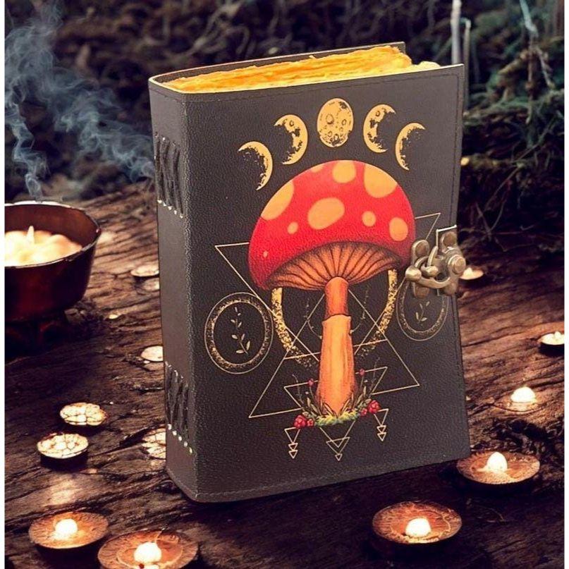 Grimoire Vintage Mushroom leather journal, Handmade Antique Deckle Edge Paper Spell Book of Shadows Journal for gifts
