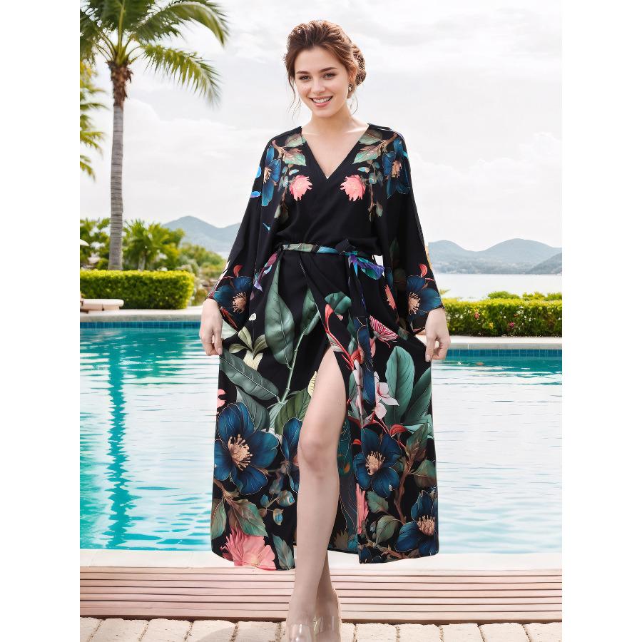 

Women s Peacock Print Long Kimono Loose Flowy Open Front Cardigan, Boho Beach Cover Up Robe 1006 One size fits all чёрный