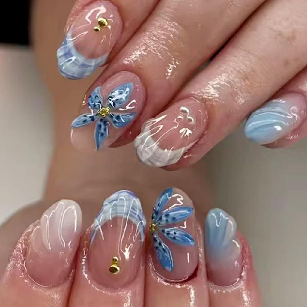 30-Piece Summer Style 3D Shell Press-on Nails, Medium-Long Almond Shape