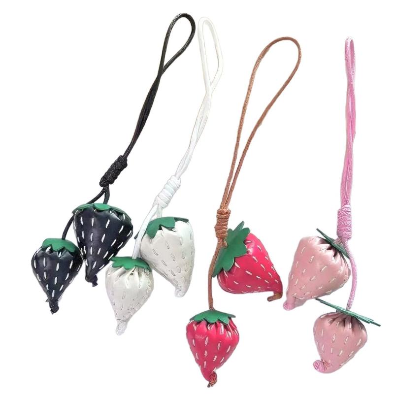 1 Piece Cute Handmade Leather Fruit Keychain Leather Strawberry Bag Charm Pendant Creative Car Decoration Diy Accessories