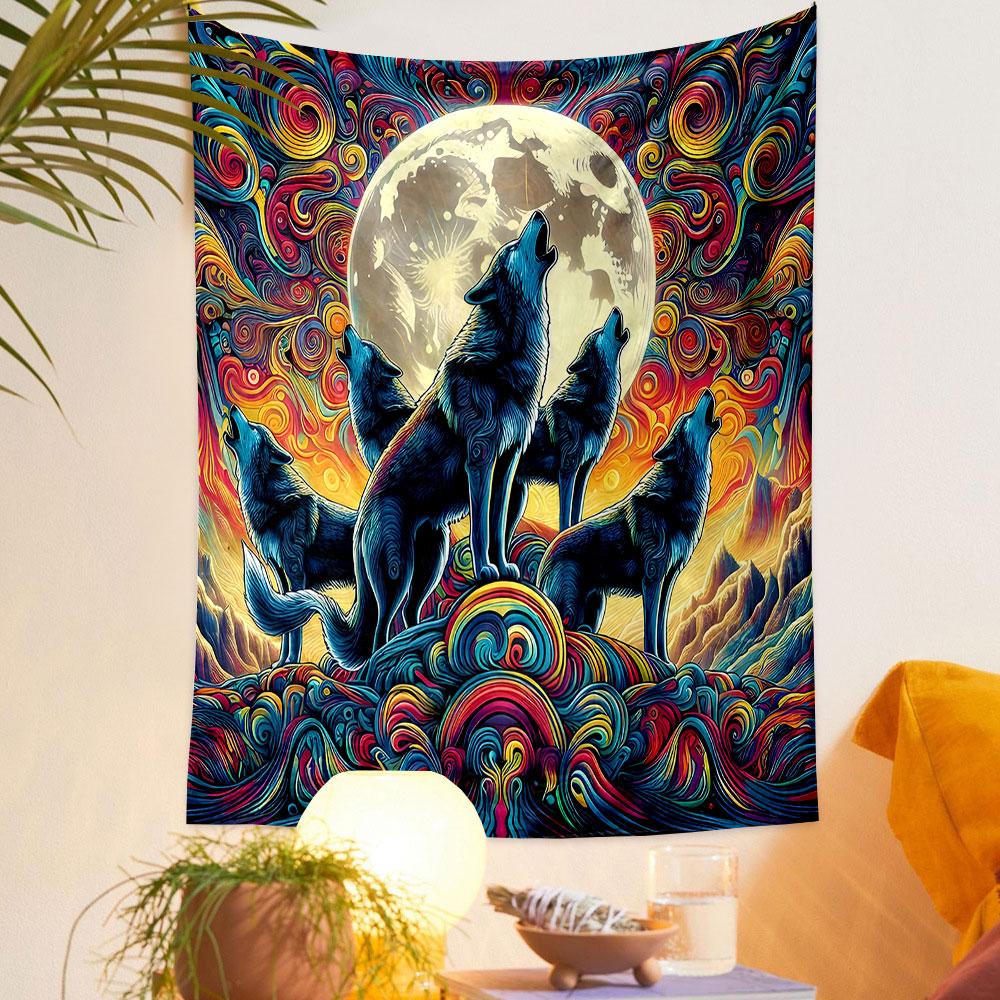 Colorful Wolves Howling At Full Moon Patterned Tapestry Home Decor, Suitable for Bedroom and Living Room, Gift