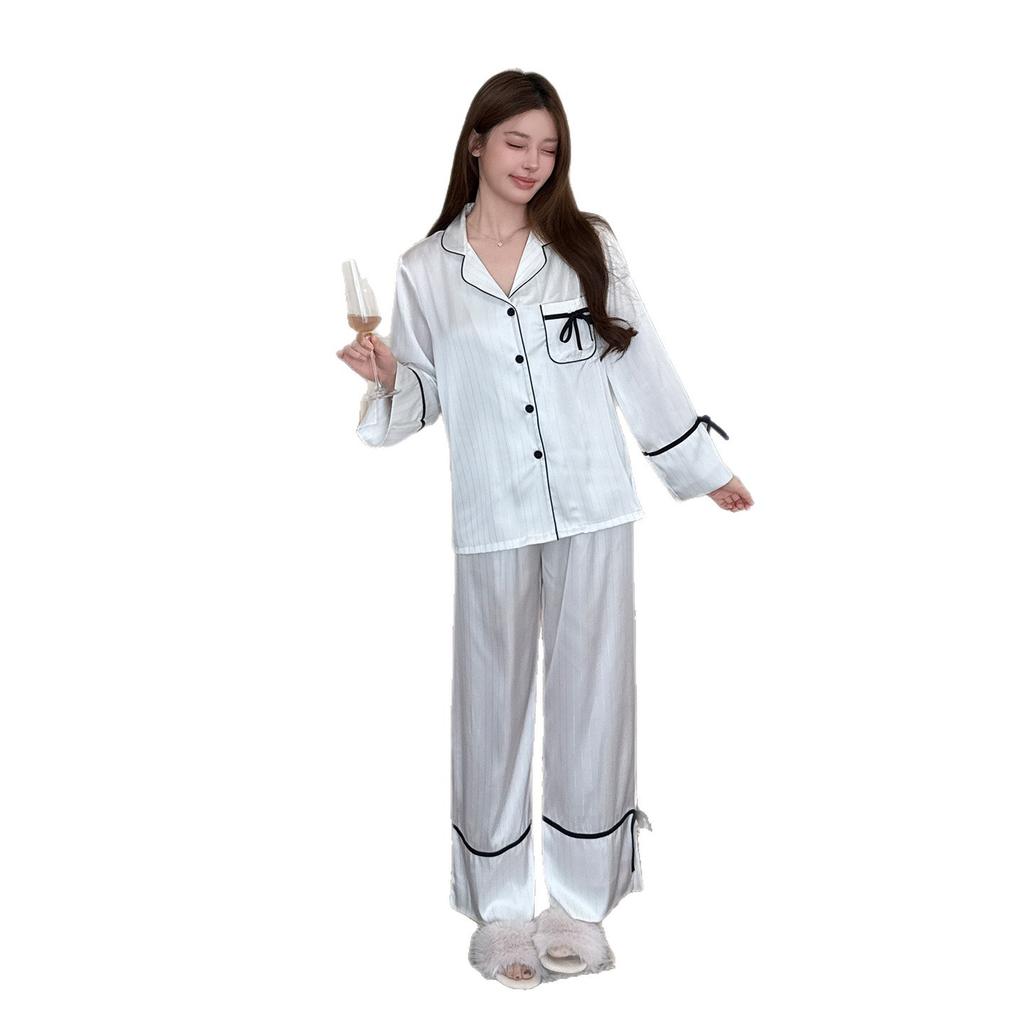 Premium Daughter Style Pajamas Women's Spring and Autumn Summer New Classic Striped Bow Long-sleeved Thin Cardigan Loungewear