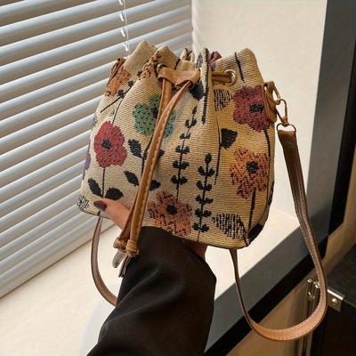 An Elegant Floral Pattern Women's Bucket Bag: Ethnic Style Handbag with Zipper Closure, Suitable for Travel and Work, Perfect Choice for Casual Attire