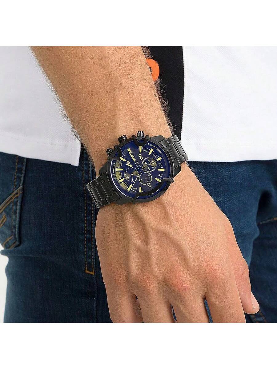 

Повседневные и модные мужские кварцевые часы в стиле «Таймер» DZ4529, изготовлены из черной нержавеющей стали, с круглым циферблатом синий
