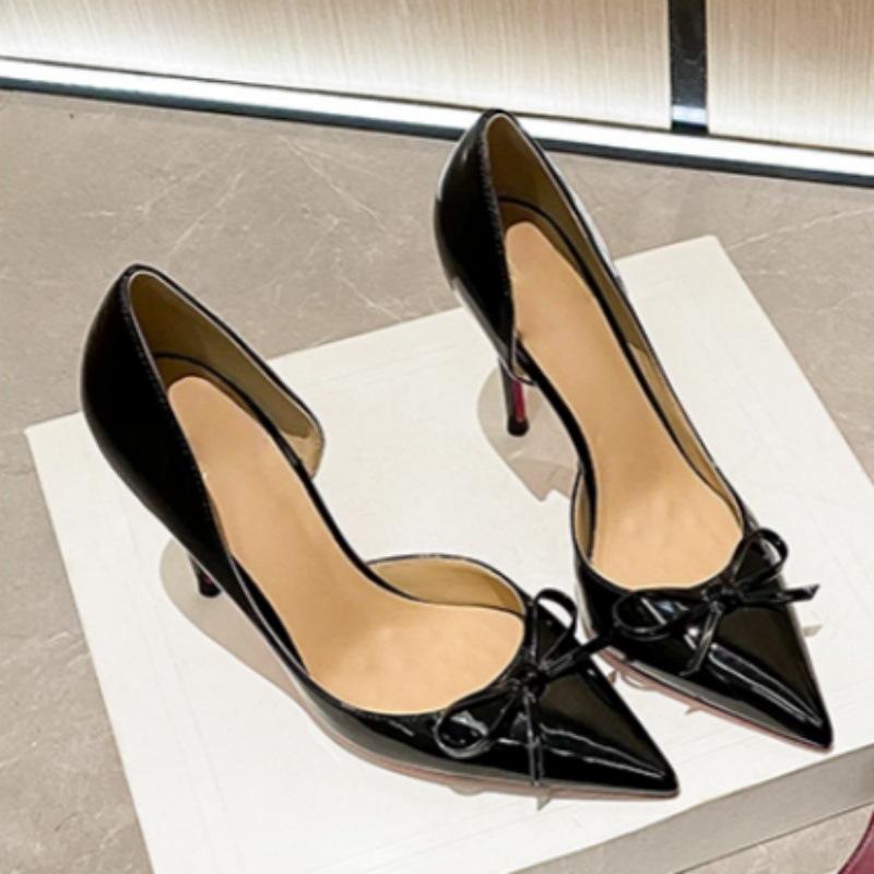 2025 side empty new nude bow French high heels femininity patent leather pointed heel summer single shoes women