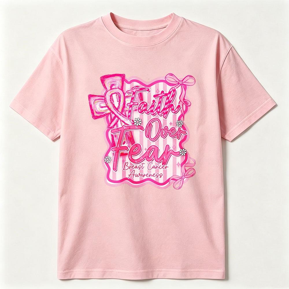 Preppy Breast Cancer Faith Over Fear Coquette Tshirt Breast Cancer Awareness Shirt Breast Cancer Cotton Tee Pink Ribbon Clothing
