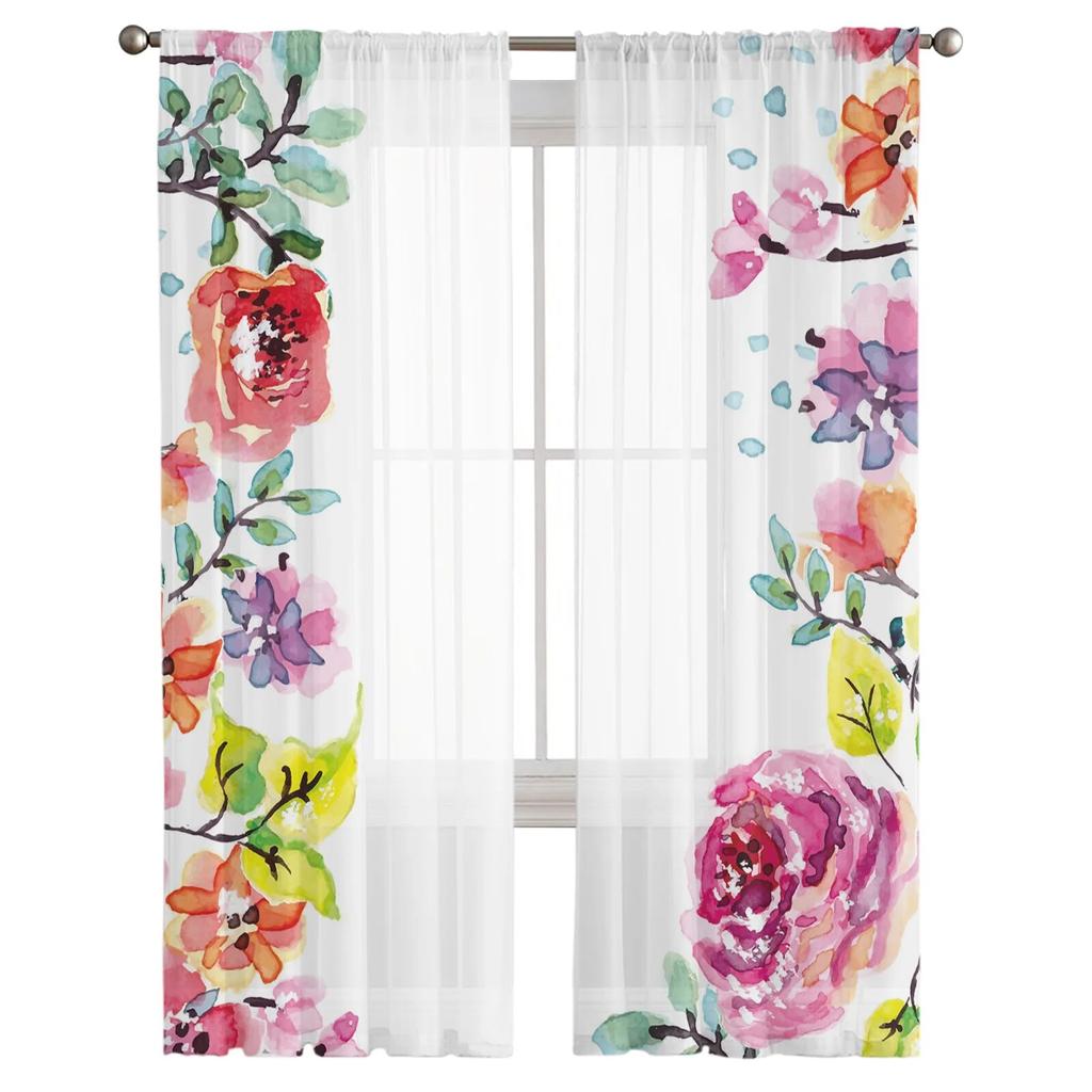 Flower Art Watercolor Rose Sheer Curtains for Bedroom Living Room Voile Window Curtains Tulle Curtains for Kids Room