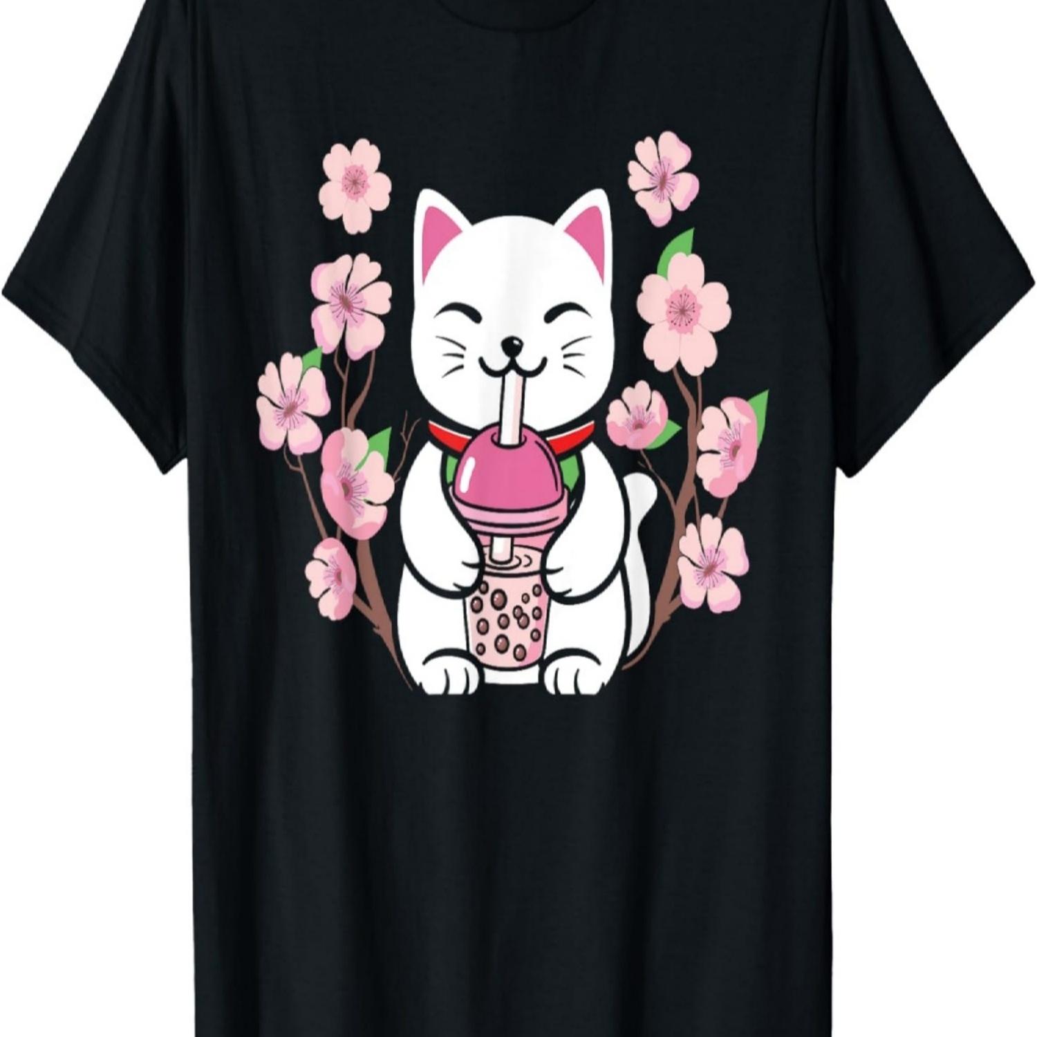 Lucky Cat Bubble Tea Cherry Blossom Kawaii T-Shirt S
