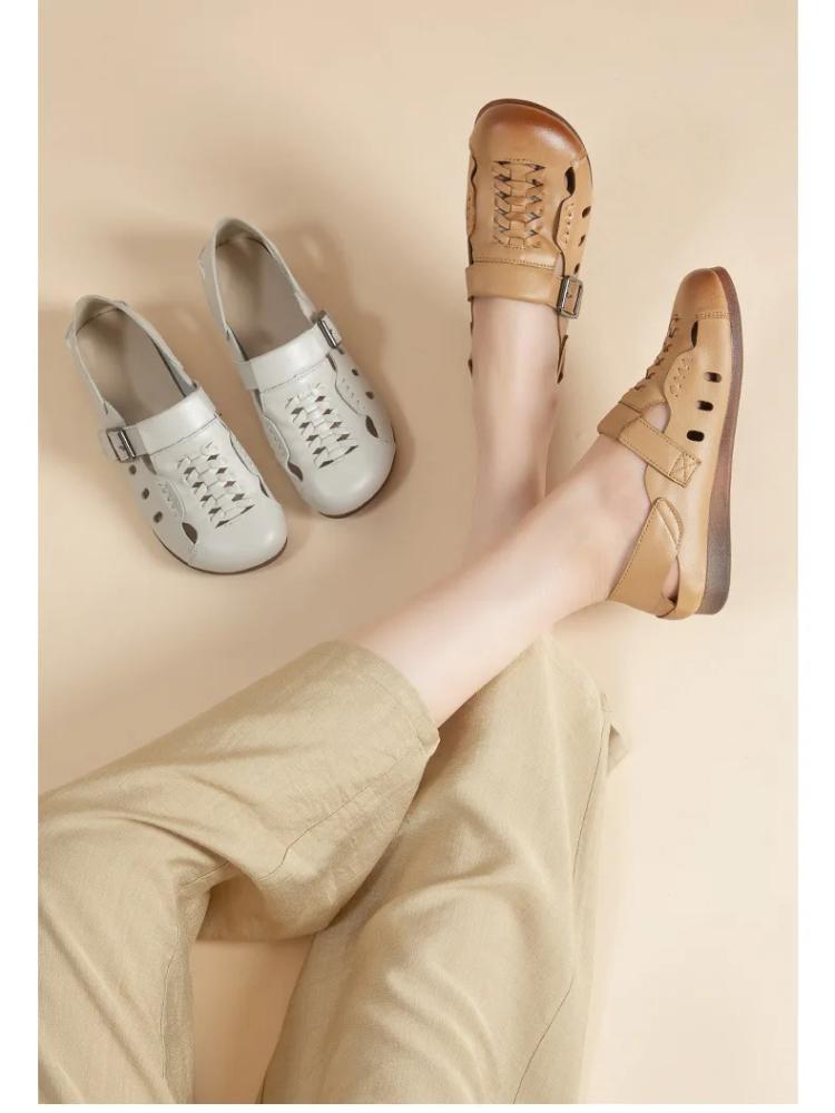 Johnature Flat Heel Soft Soled Sandals Hollow-out Breathable Genuine Leather Retro Hole Women's Shoes