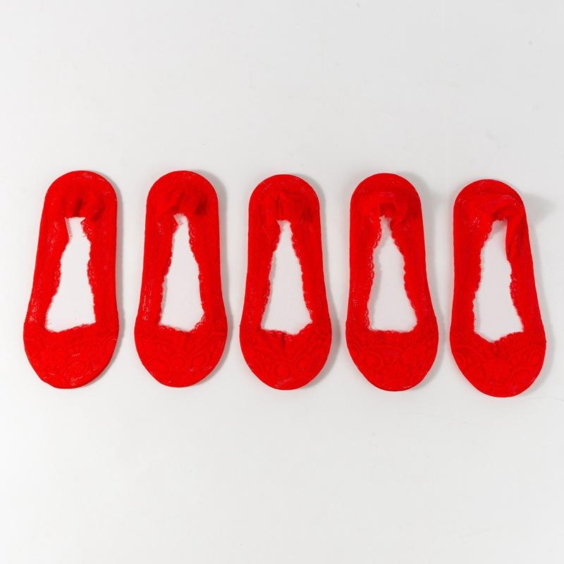 10 Pairs of Big Red Lace Boat Socks, Red Wedding Invisible Shallow Mouth Silicone Anti-slip Cotton Sole Socks for Women