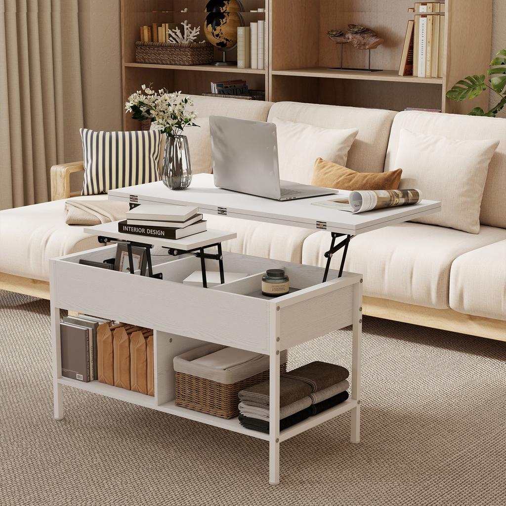 Lift Top And Extendable Coffee Table Living Room Table With Hidden Compartment Open Shelves 98x49x55cm White