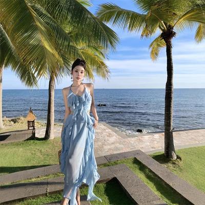 Malediven Urlaubs Camisole Kleid Damen Sommer Sexy Strand Foto Shooting Unregelmäßiger Taillen Rüschen Langes Kleid