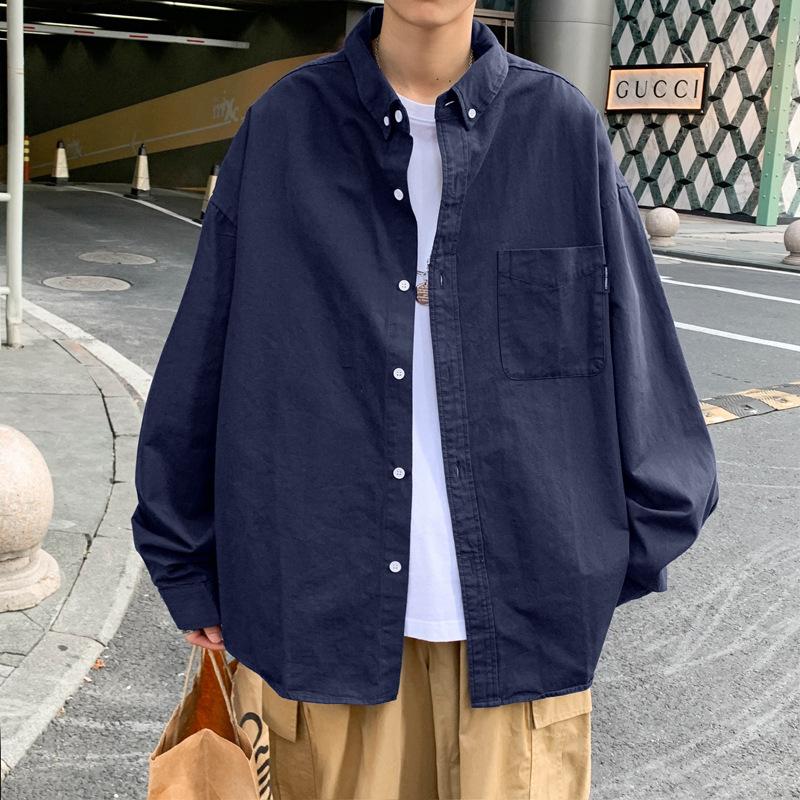 

Men s Navy Blue Button Down Long Sleeve Shirt Casual Pocket Detail Oversized Streetwear Top M темно-синього кольору