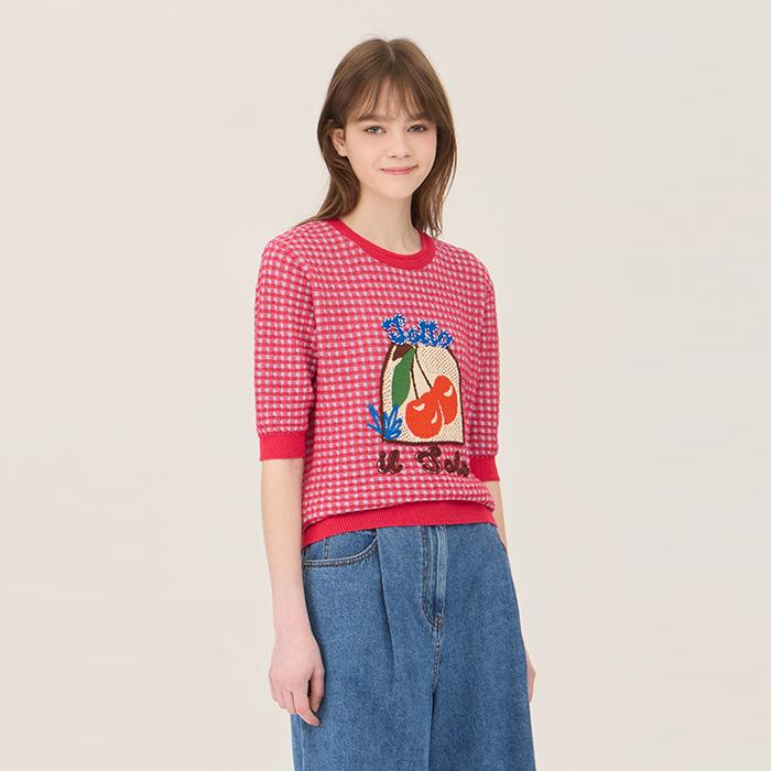 Benetong Cherry Crochet Check Knit_Bakp61531Pk