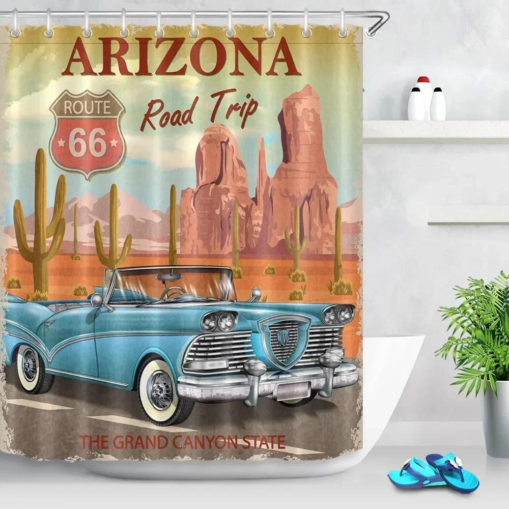 Car Travel Through America Retro Trip Sexy Girl Shower Curtain Set Route 66 Bathroom Fabric Curtains For Bathtub Decor With Hook