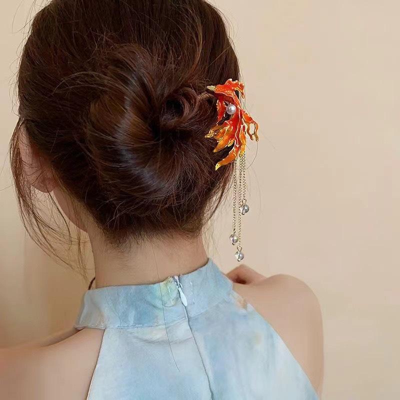 U Shape Chinese Style Red Fish Hair Sticks for Women Tassel Beads Hairpin Hanfu Wedding Glitter Jewelry Hair Accessories
