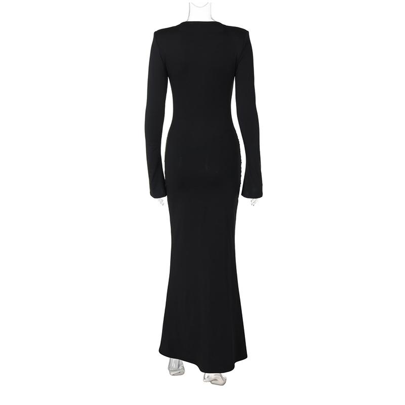 Elegant Ruched Maxi Dress for Women Fashion Sexy Long Sleeve Autumn O-neck Evening Party Dresses