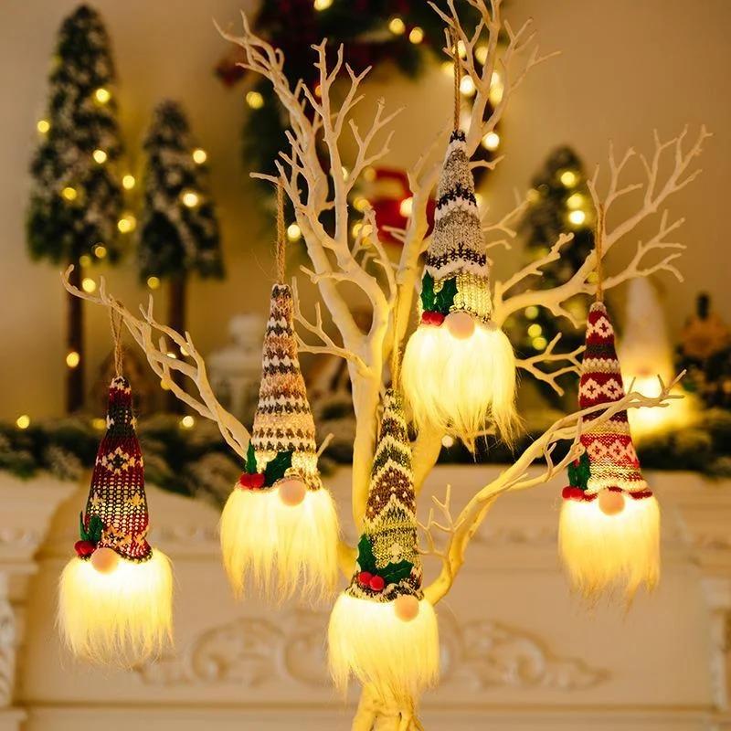 Christmas Decoration Holiday Knitted Hat with Light No Face Doll Pendant Atmosphere Decoration Glow Old Man Small Doll Pendant