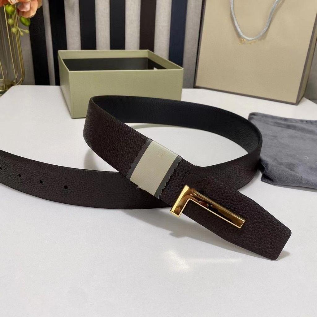 Cinturón de Hombre de Cuero Genuino en Forma de T de Doble Cara con Hebilla de Letra