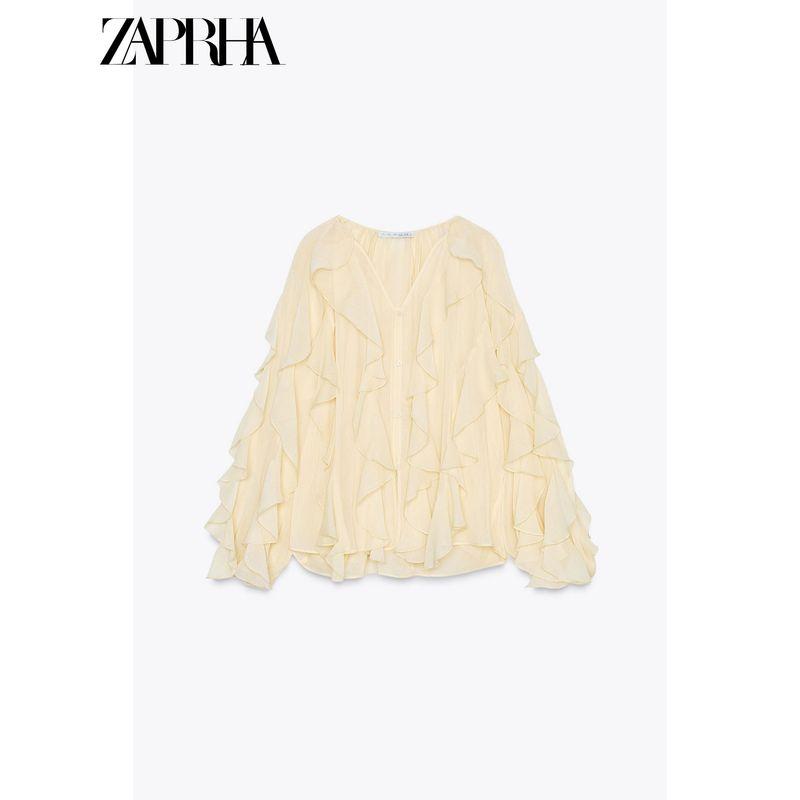 Zaprha 2025 New Arrival Loose Laminated Decoration Fashion V-neck Long Sleeve Shirt Female Loose Feeling 4786063