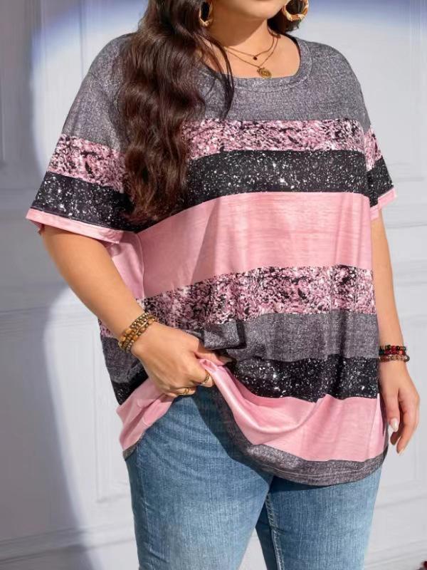 

European Plus Size Women s Striped Round Neck Short Sleeve Top 3XL рожевий