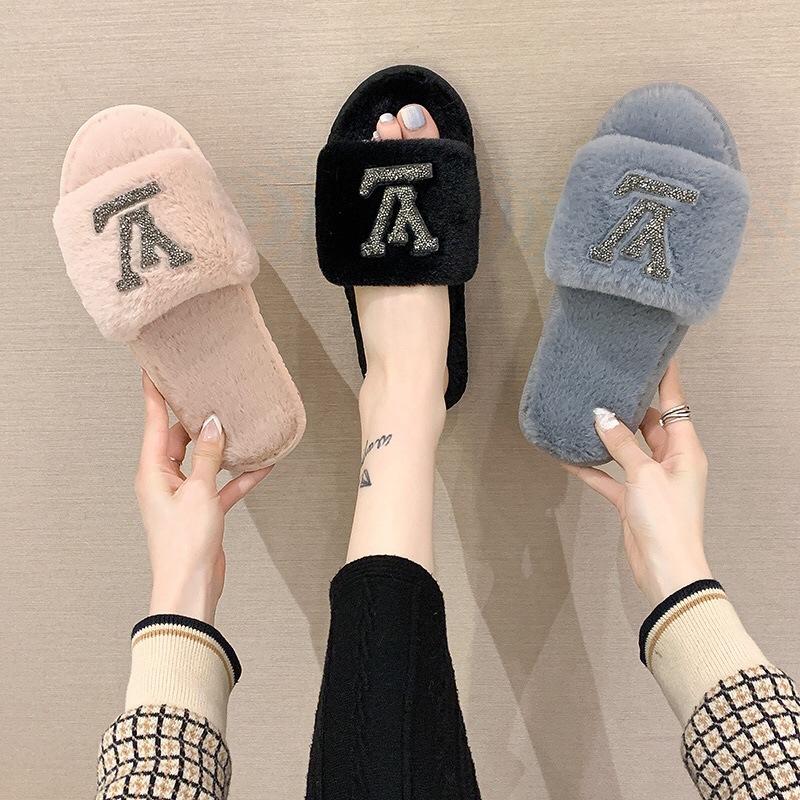 Large Size Fluffy Slippers Autumn and Winter New Home Flat Bottom Warm One-word Slippers Fashion Cotton Slippers