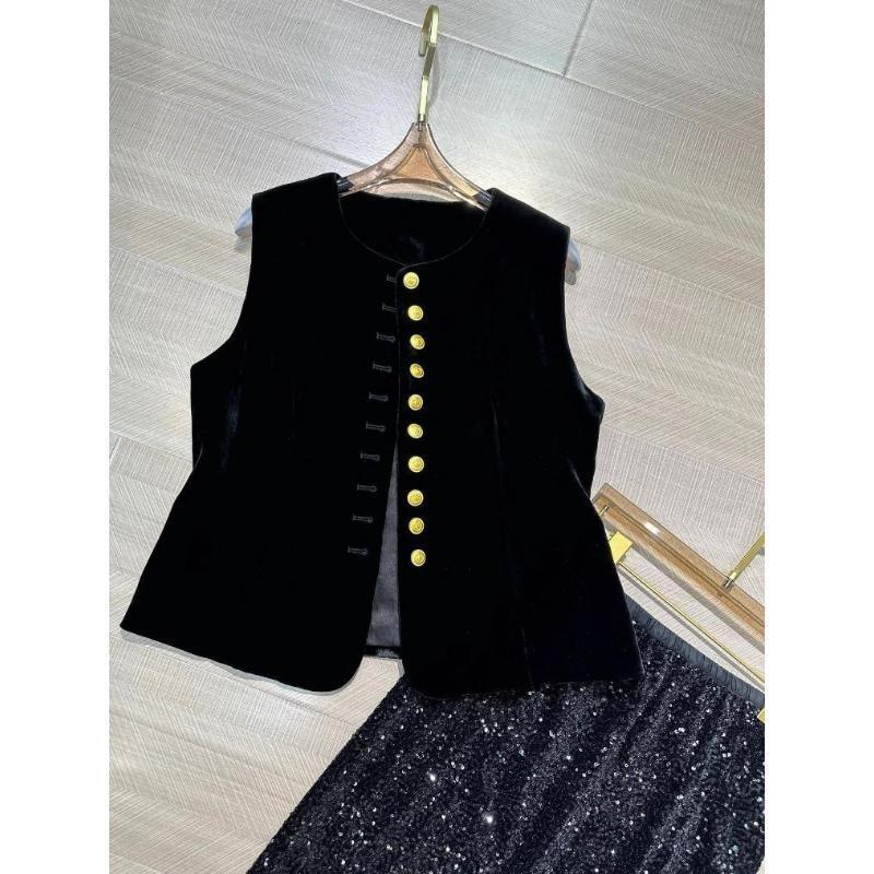 Premium Black Velvet Vest Women's 2025 Autumn New Luxury Retro Metal Buckle French Vest Tide