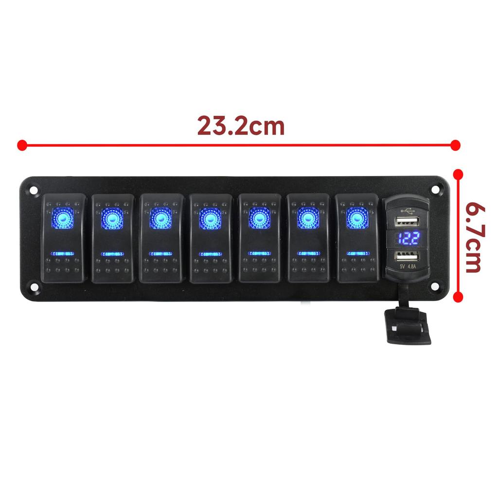 Chaoxinyizu Waterproof Boat Switch Panel with LED Dual USB for Cars and Ships Voltmeter, Sockets, DC12-24V, 7-Port,
