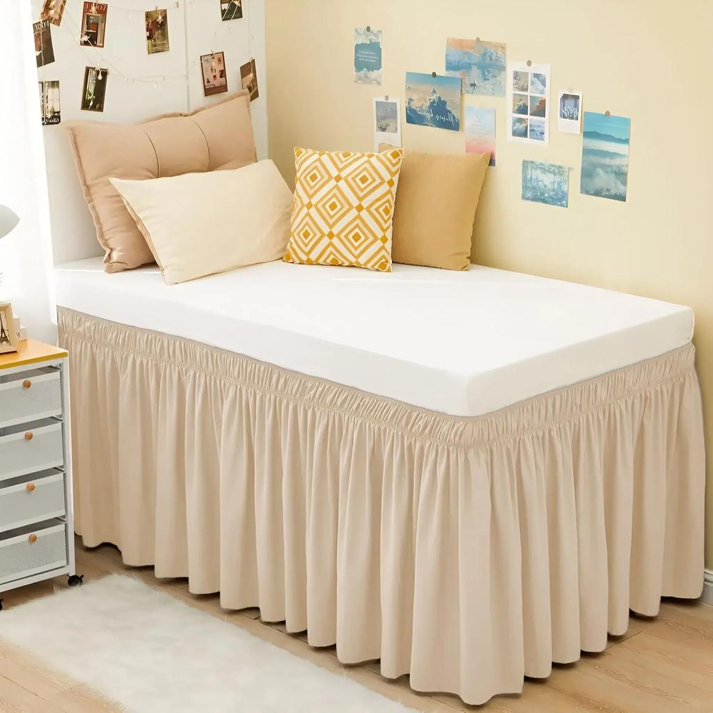 Extra Long College Hostel Dorm Room Bed Skirt Wrap Around Pretty Ruffles Bed Skirt Valance with Three Sides Fabric for Twin Bed