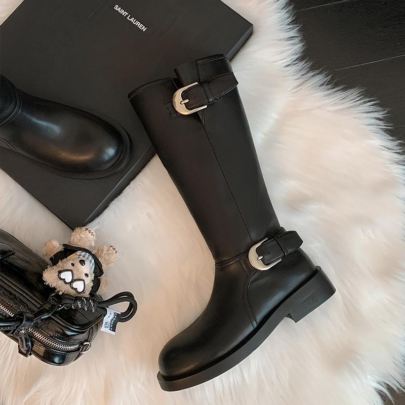 Boots Women's Boots 2025 New Thick Heel Round Toe Splicing Western Boots Pleated Stack Boots Knight Boots