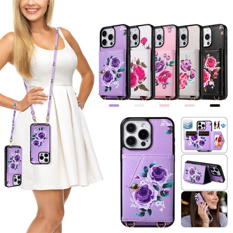 Flower Crossbody Card Holder Case with Lanyard for iPhone 13, 14, 16, 17 Pro