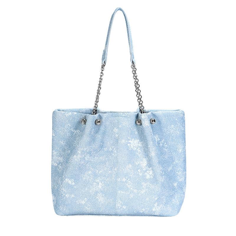 College Student Class Bag High-End Ink Blue Commuter Shoulder Bag Denim Pattern Chain Large Tote Bag for Women