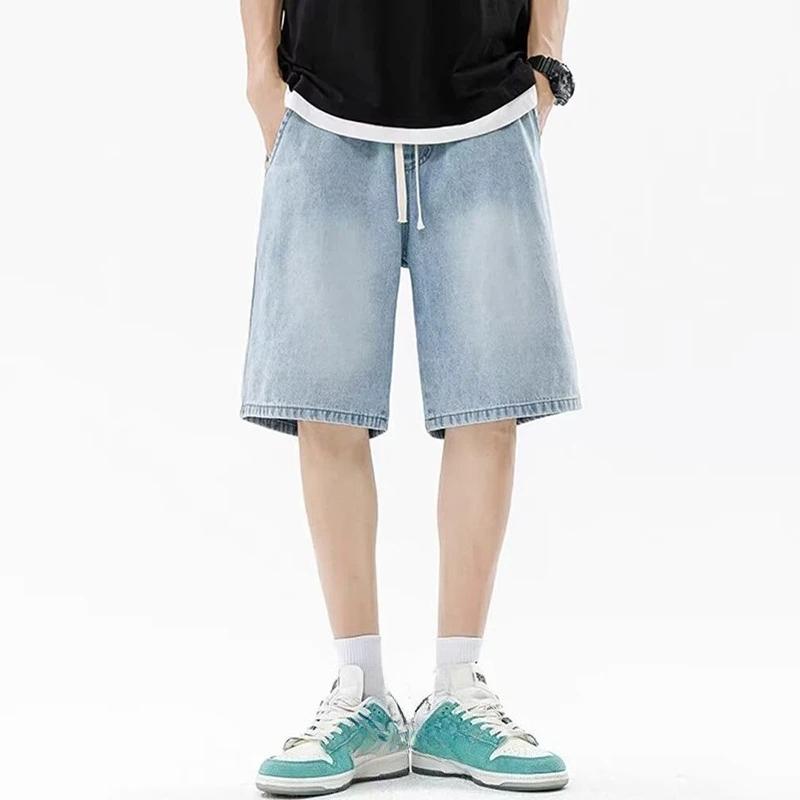 Men Casual Denim Shorts Male Elastic Waist Straight Leg Comfortable Light Blue Soft Short Pants Baggy Wide Leg Jeans