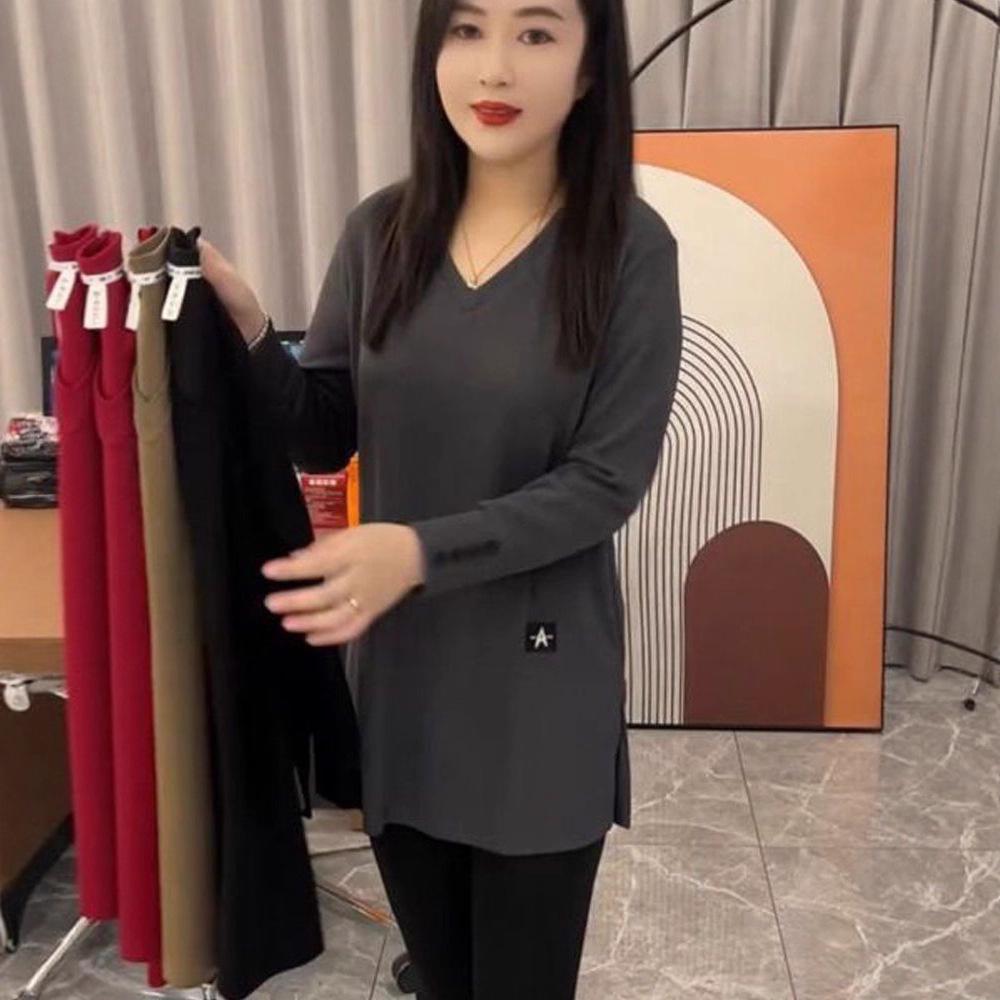 Plus Size Women's Double-Sided Velvet & Fleece Split Sleeve Autumn Winter Slimming Base Layer Top